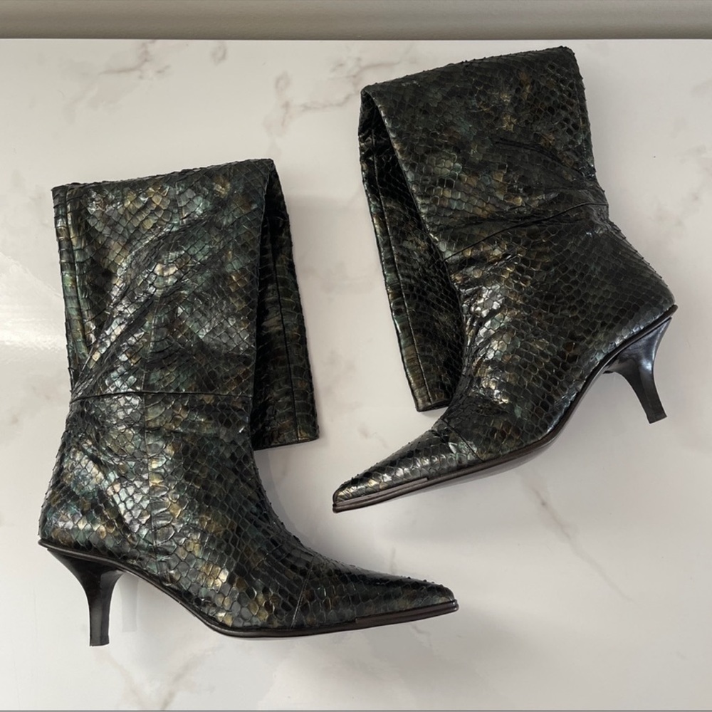 Vintage 90s Gucci Tom Ford Python Snakeskin Green Slip On Long Knee High Boot - Picture 9 of 14